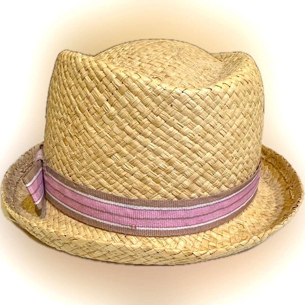 VTG NEW SRAW FEDORA HAT LADIES WOMENS NATURAL PINK STRIPE RIBBON SUN BEACH SHADE